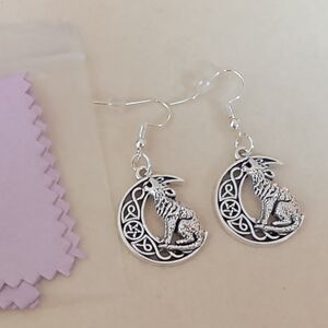 Handcrafted Silver Wolf Dangle Earrings Medium Size New